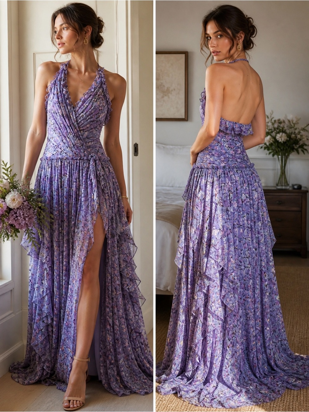 NWT Cinq à Sept Agatha Chiffon Ruffled Gown in Painted Hydrangea Size 4